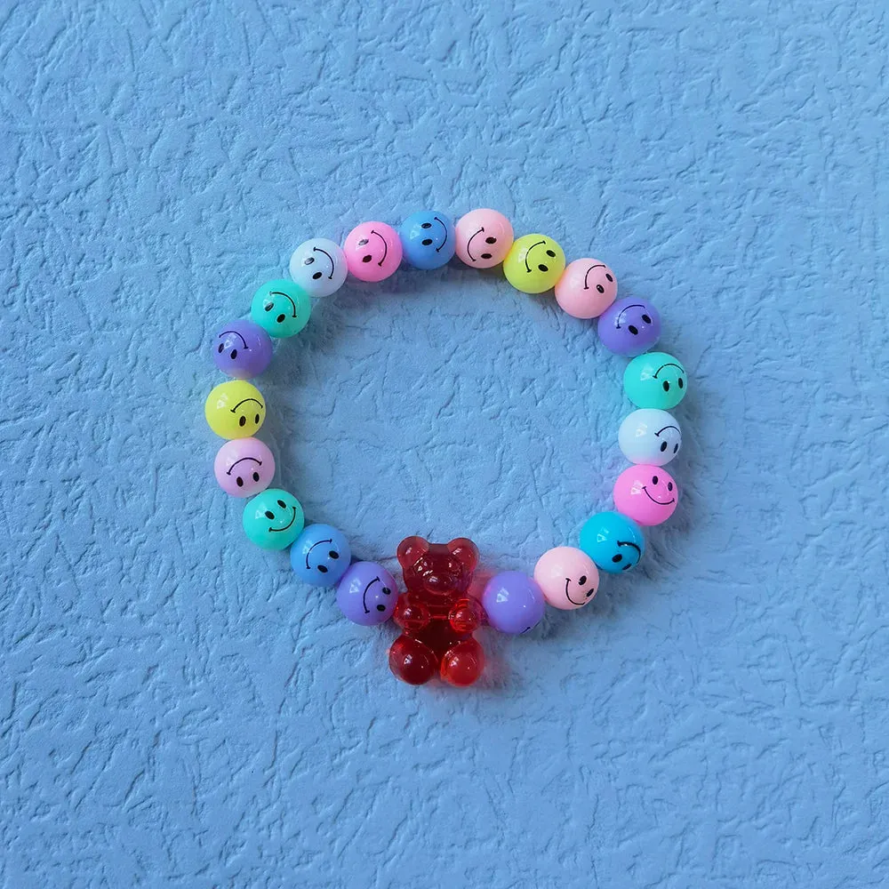 ZX Handmade Similey Face Beads Chain Charm Bracelet for Women Girls INS Cute Transparent Bear Bracelet Adjustable Chain Bracelet